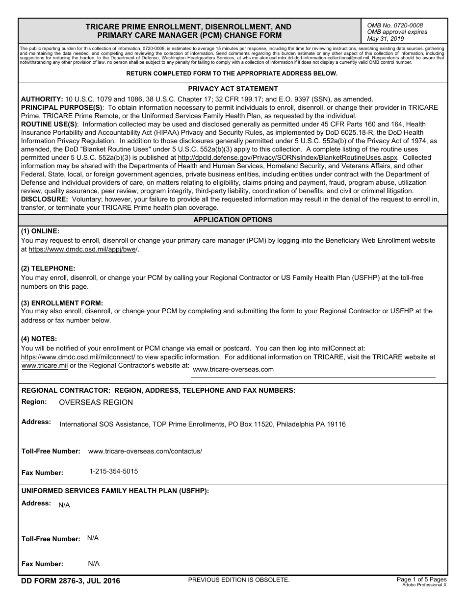 DD Form 2876-3 TRICARE Prime Enrollment, Disenrollment, and Primary Care Manager (PCM) Change Form, Page 1