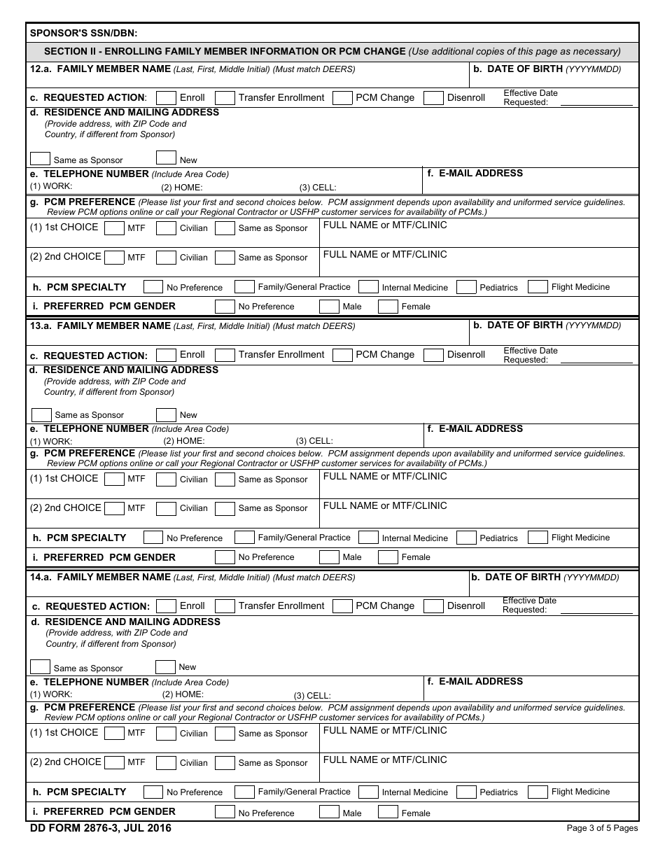 DD Form 2876-3 TRICARE Prime Enrollment, Disenrollment, and Primary Care Manager (PCM) Change Form, Page 3