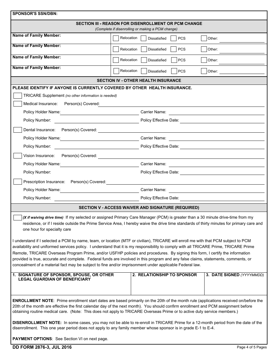 DD Form 2876-3 TRICARE Prime Enrollment, Disenrollment, and Primary Care Manager (PCM) Change Form, Page 4