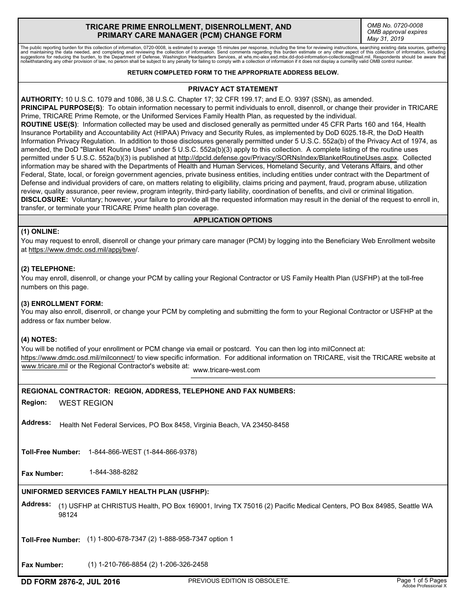 DD Form 2876-2 TRICARE Prime Enrollment, Disenrollment, and Primary Care Manager (PCM) Change Form, Page 1