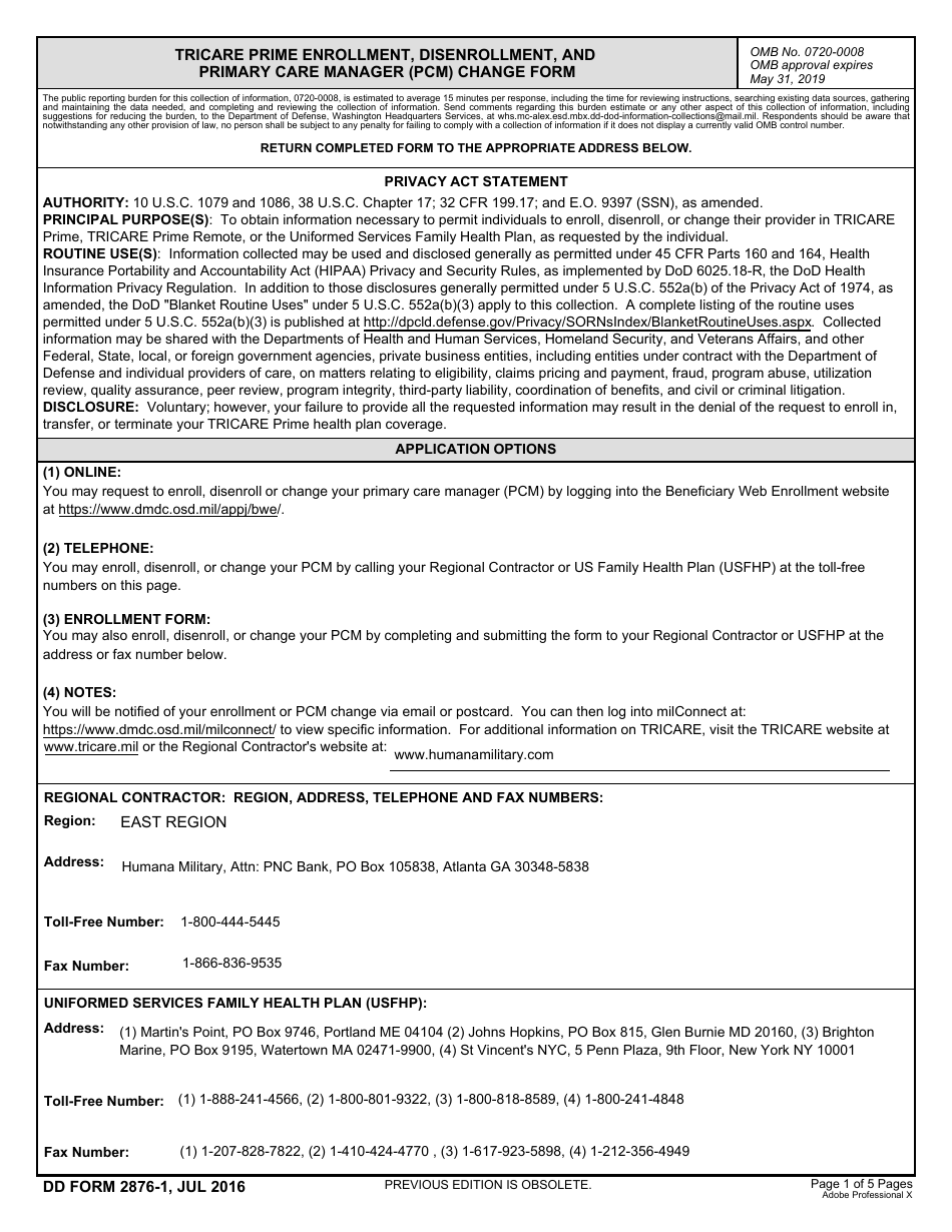 DD Form 2876-1 TRICARE Prime Enrollment, Disenrollment, and Primary Care Manager (PCM) Change Form, Page 1