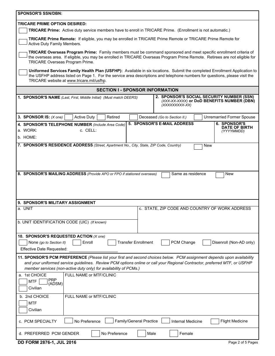 DD Form 2876-1 TRICARE Prime Enrollment, Disenrollment, and Primary Care Manager (PCM) Change Form, Page 2