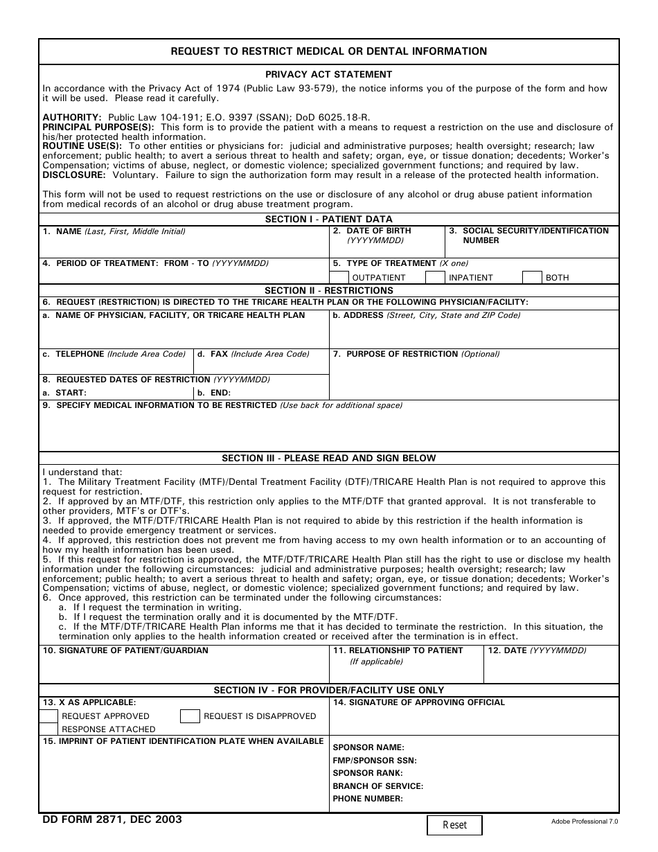 DD Form 2871 Request to Restrict Medical or Dental Information, Page 1