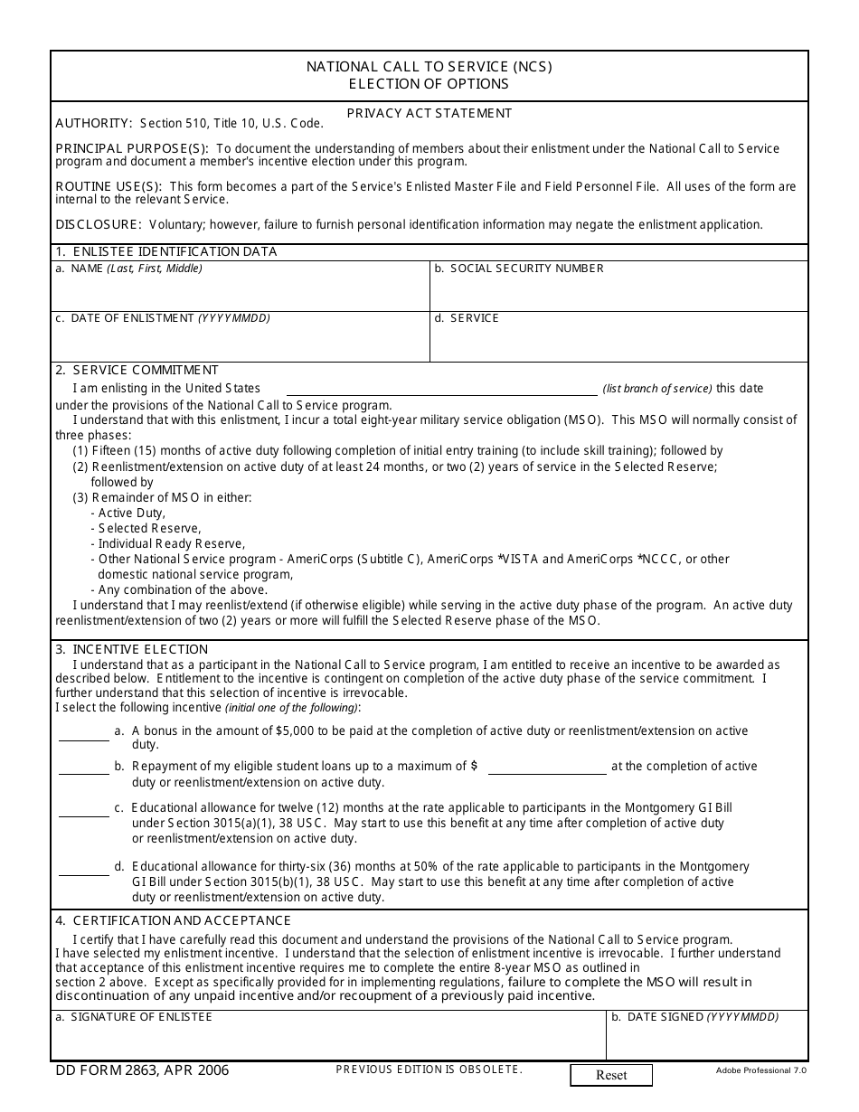 DD Form 2863 National Call to Service (Ncs) Election of Options, Page 1