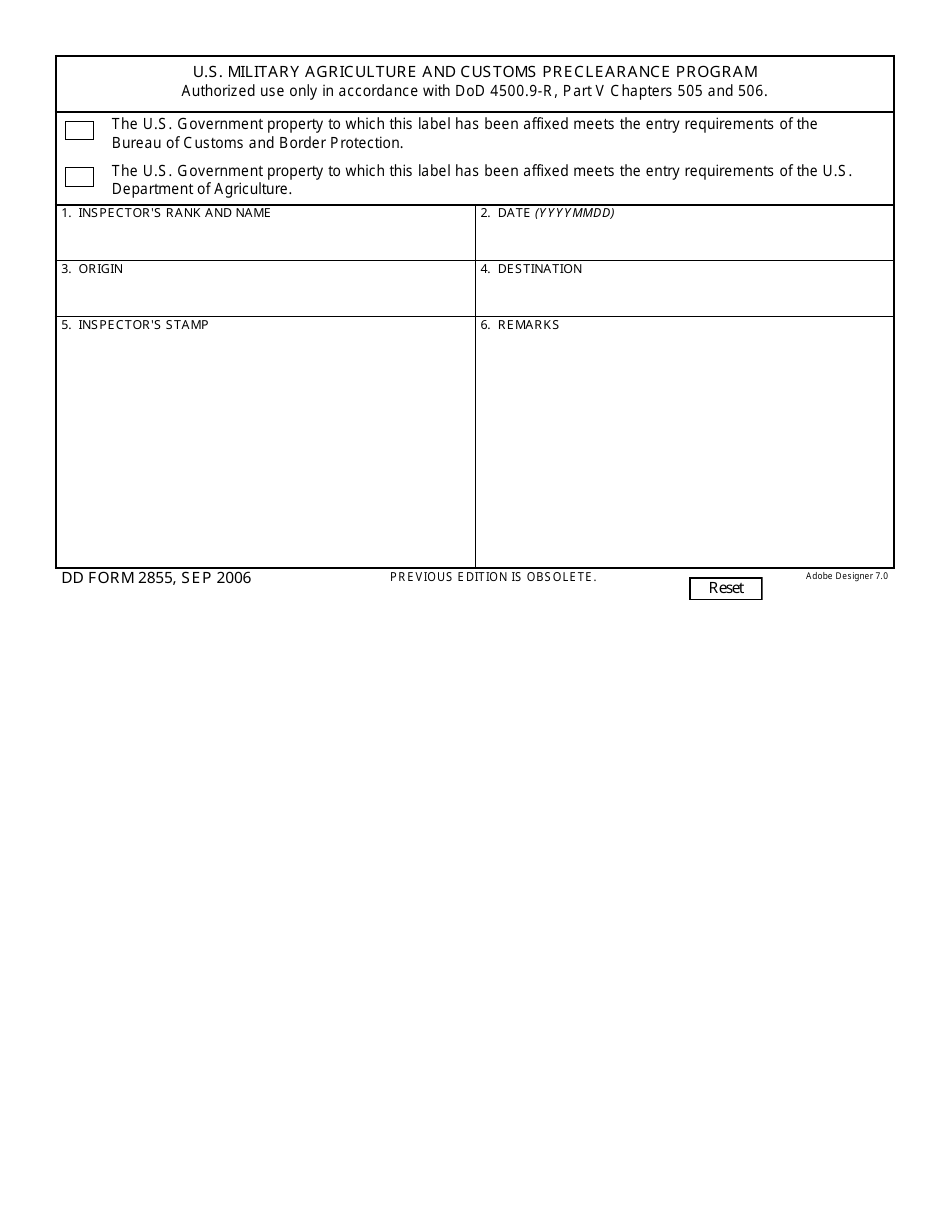 DD Form 2855 U.S. Military Agriculture and Customs Preclearance Program, Page 1