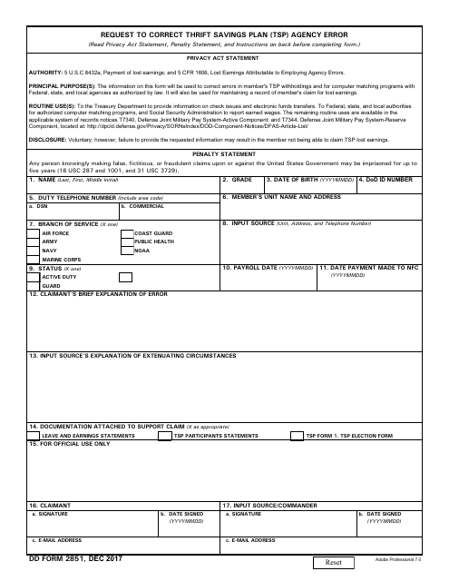DD Form 2851 Request to Correct Thrift Savings Plan (Tsp) Agency Error