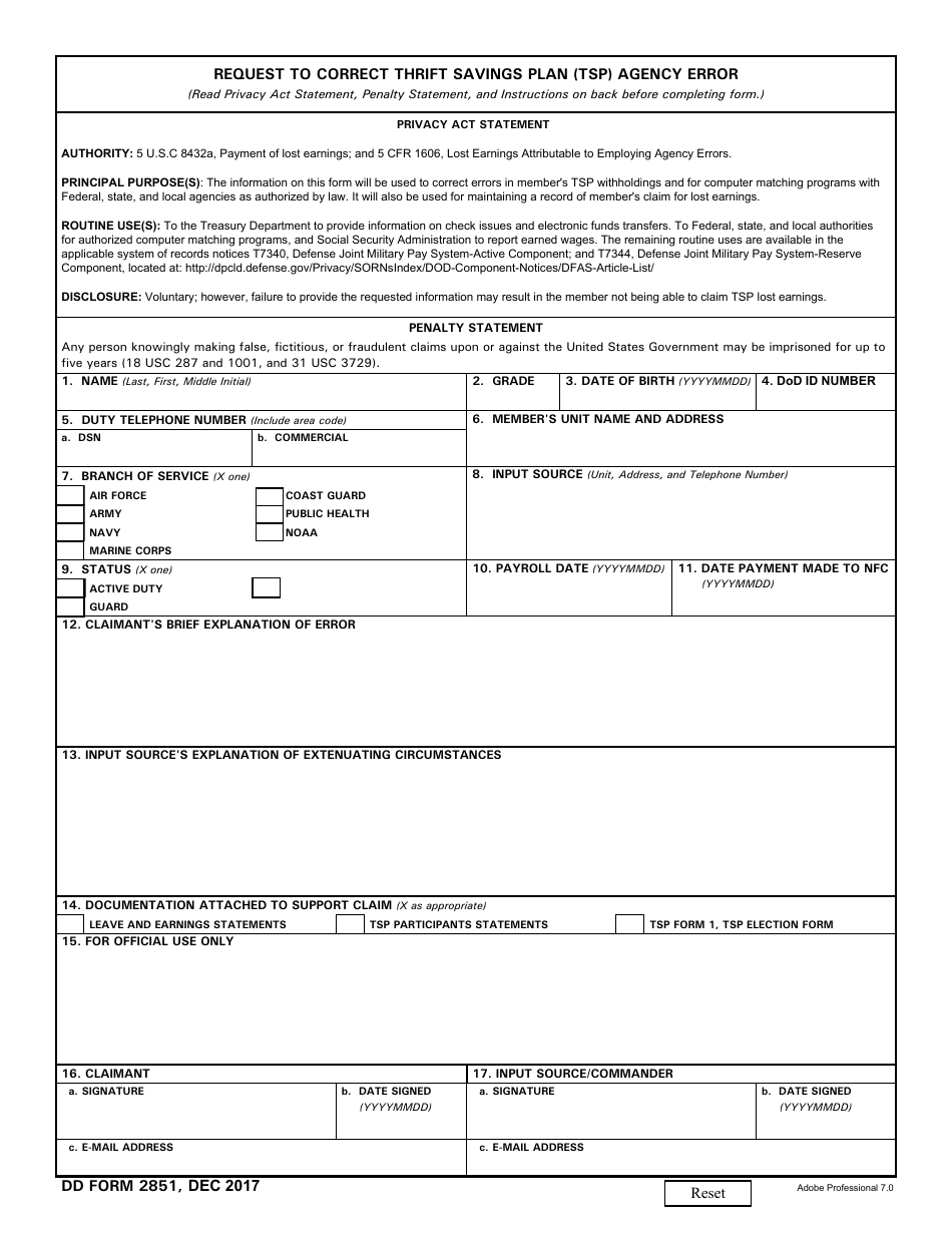 DD Form 2851 Request to Correct Thrift Savings Plan (Tsp) Agency Error, Page 1