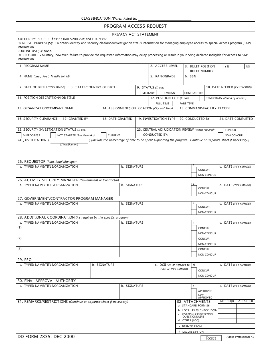 DD Form 2835 Program Access Request, Page 1