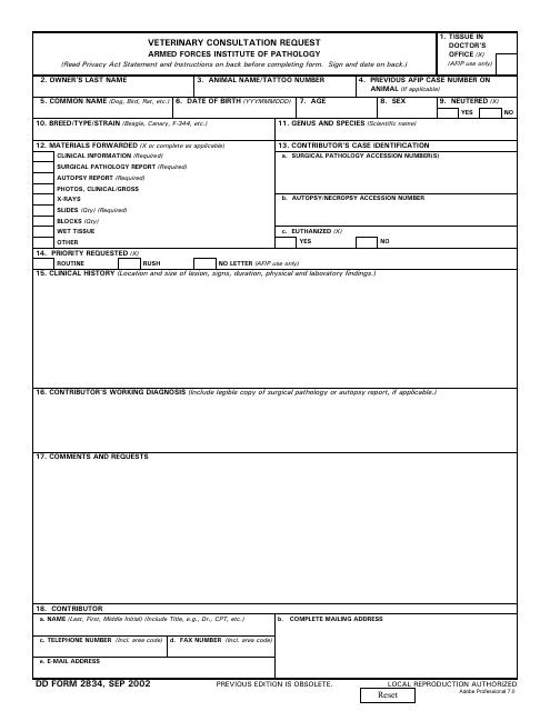 DD Form 2834 Veterinary Consultation Request - Armed Forces Institute of Pathology