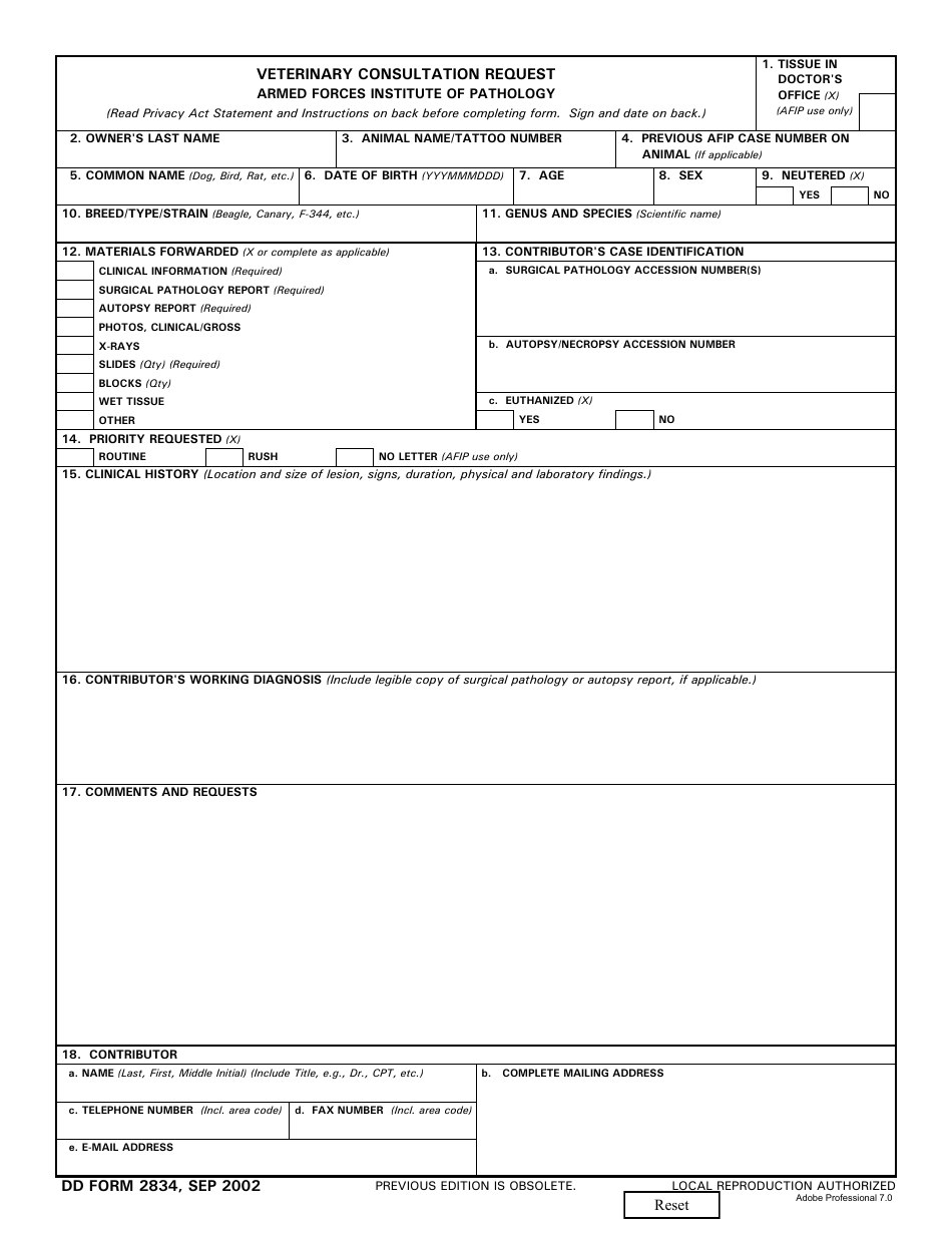 DD Form 2834 Veterinary Consultation Request - Armed Forces Institute of Pathology, Page 1