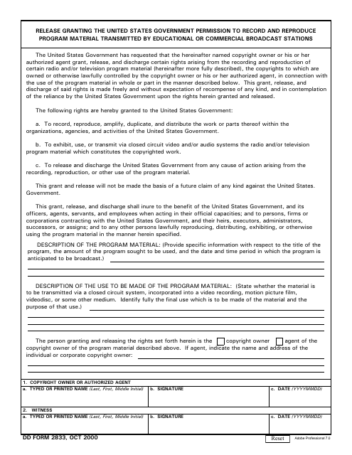 DD Form 2833 Release Granting the United States Government Permission to Record and Reproduce Program Material Transmitted by Educational or Commercial Broadcast Stations