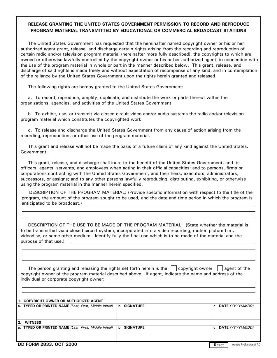 DD Form 2833 Release Granting the United States Government Permission to Record and Reproduce Program Material Transmitted by Educational or Commercial Broadcast Stations, Page 1