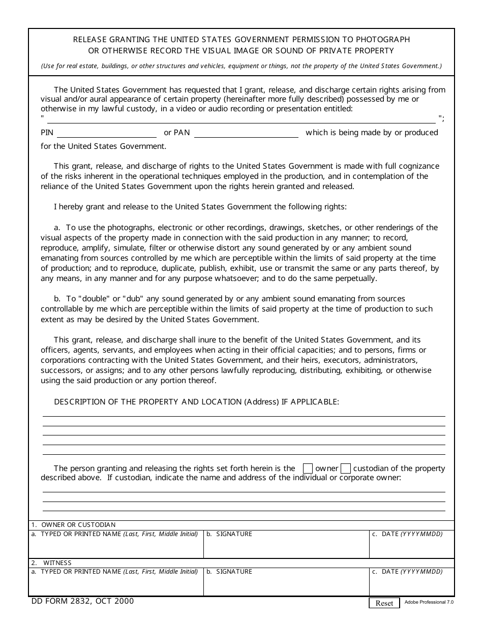 DD Form 2832 Release Granting U.S. Government Permission to Photograph or Otherwise Record the Visual Image or Sound of Private Property, Page 1