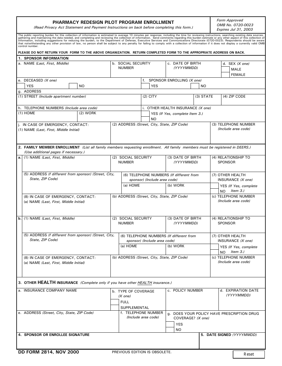 DD Form 2814 Pharmacy Redesign Pilot Program Enrollment, Page 1