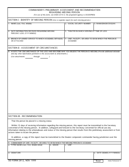 DD Form 2812 Commander's Preliminary Assessment and Recommendation Regarding Missing Person