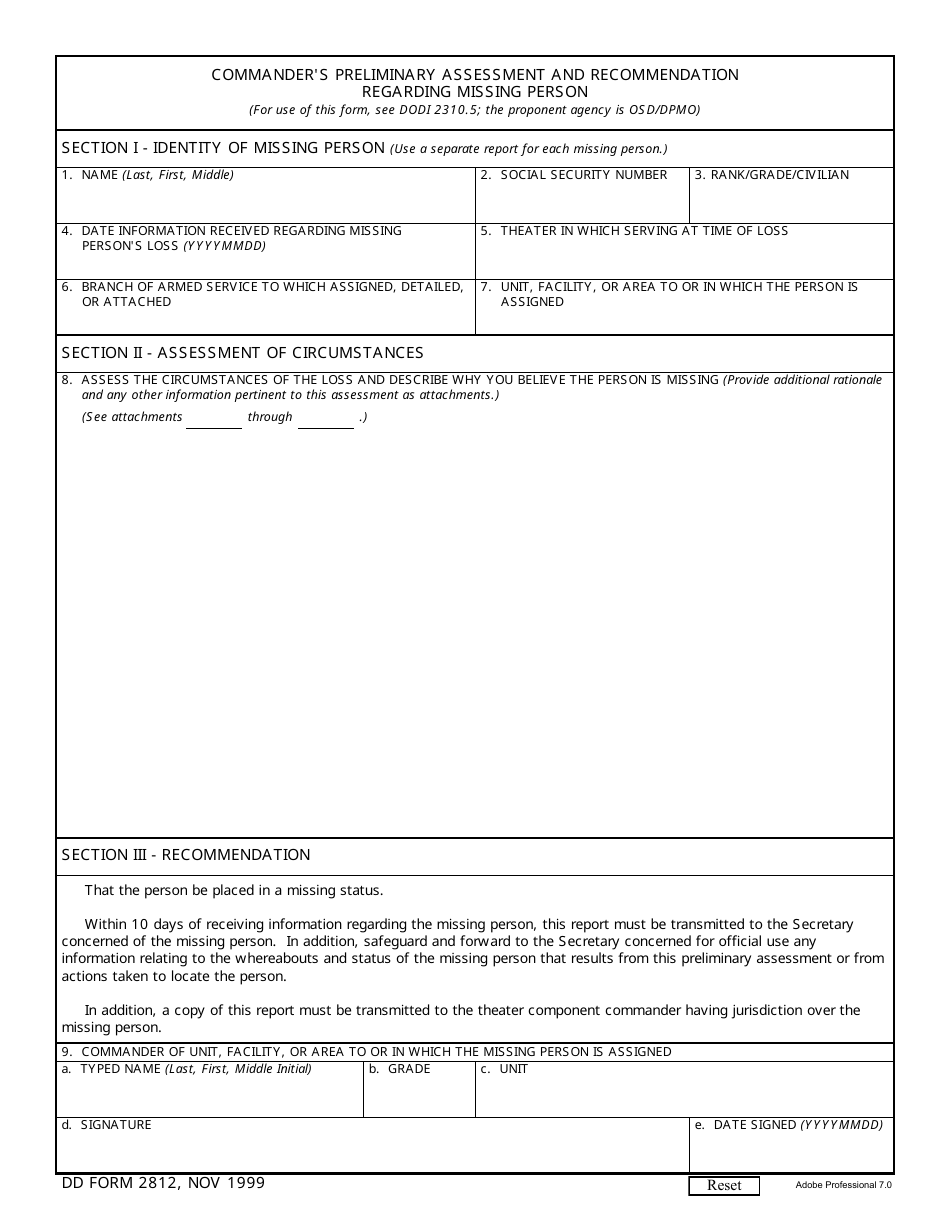 DD Form 2812 Commanders Preliminary Assessment and Recommendation Regarding Missing Person, Page 1