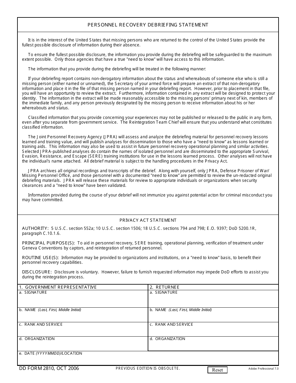 DD Form 2810 Personnel Recovery Debriefing Statement, Page 1