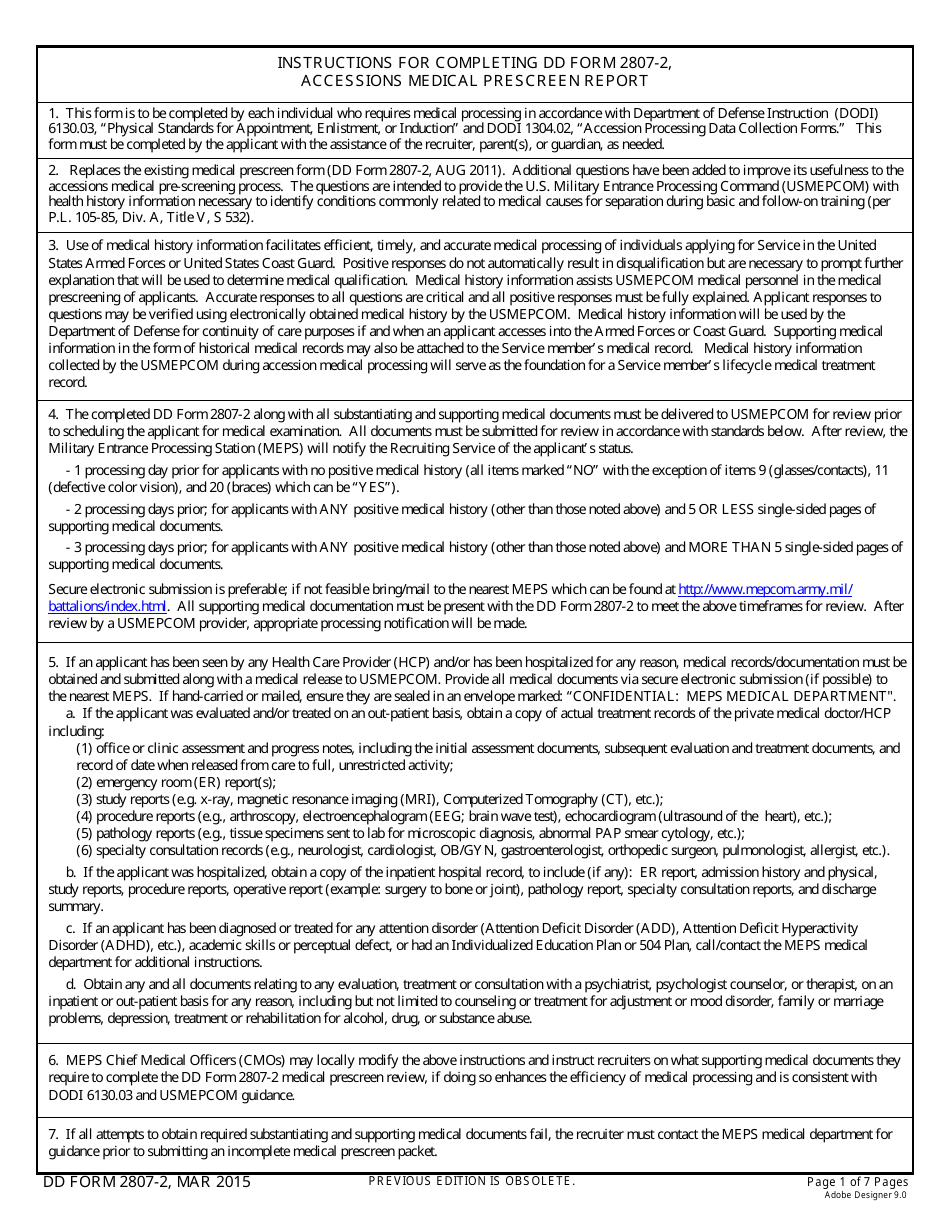 DD Form 2807-2 Accessions Medical Prescreen Report, Page 1