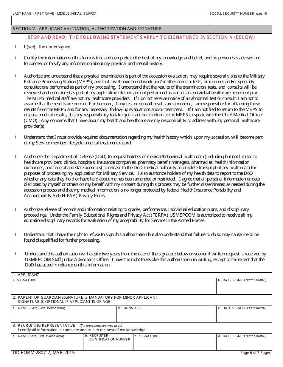 DD Form 2807-2 Accessions Medical Prescreen Report, Page 6