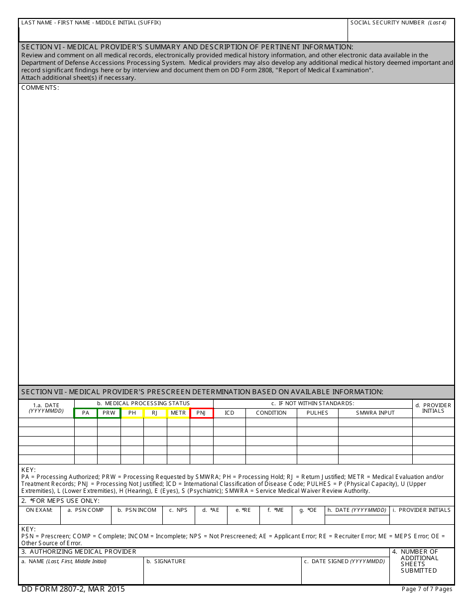DD Form 2807-2 Accessions Medical Prescreen Report, Page 7