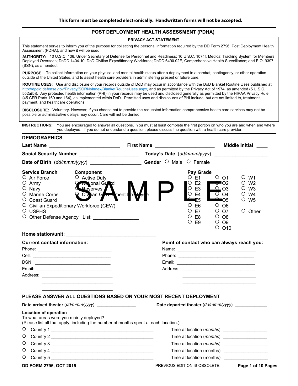 DD Form 2796 Post-deployment Health Assessment (Pdha), Page 1