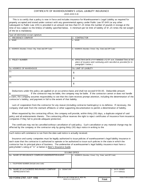 DD Form 2787 Certificate of Warehousemen's Legal Liability Insurance