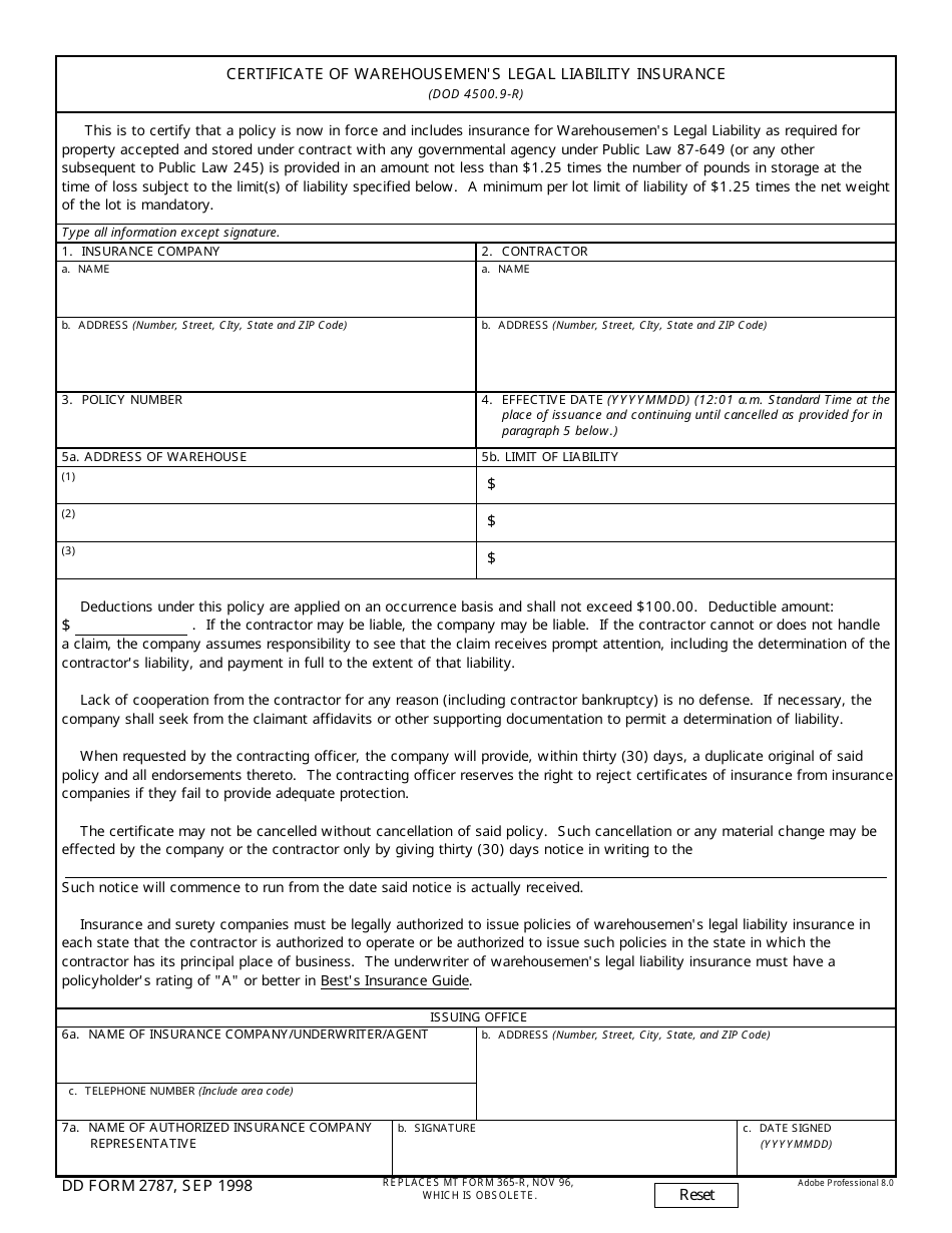 DD Form 2787 Certificate of Warehousemens Legal Liability Insurance, Page 1