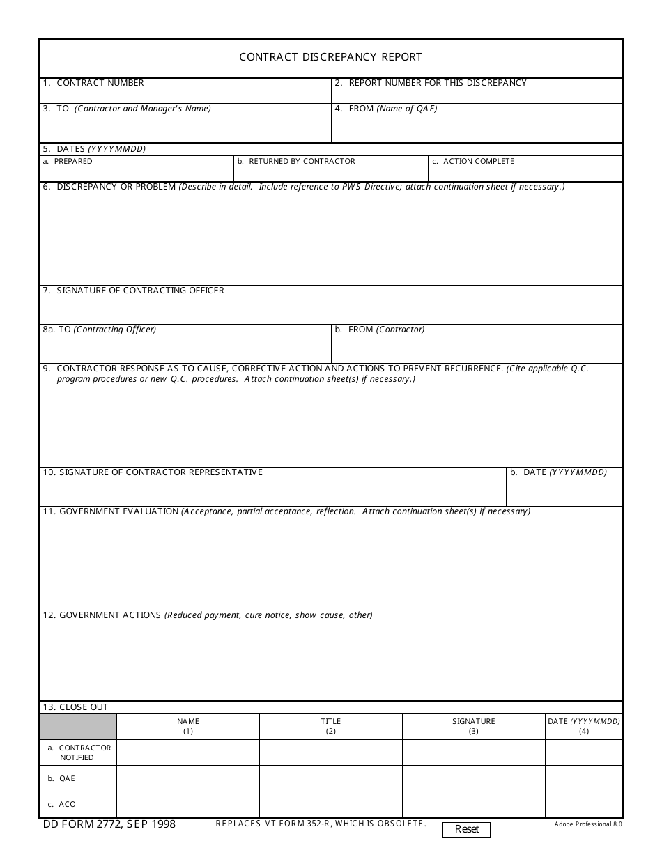 DD Form 2772 Contract Discrepancy Report, Page 1