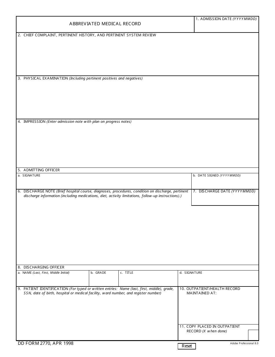 DD Form 2770 Abbreviated Medical Record, Page 1