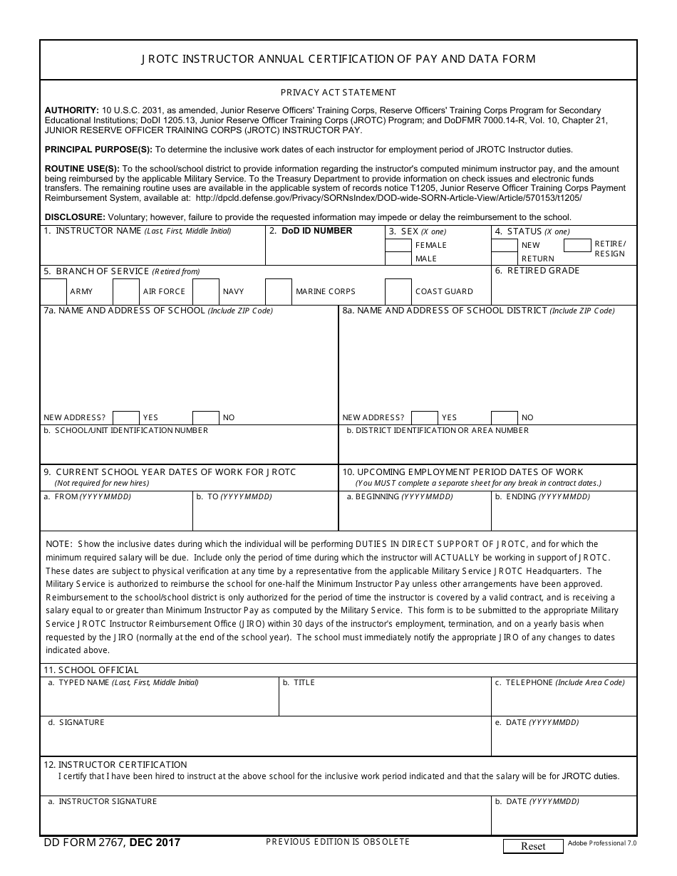 DD Form 2767 JROTC Instructor Annual Certification of Pay and Data Form, Page 1