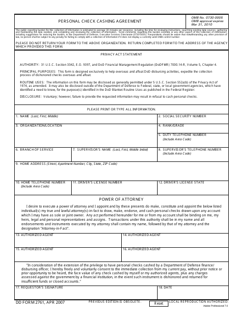 DD Form 2761 Personal Check Cashing Agreement