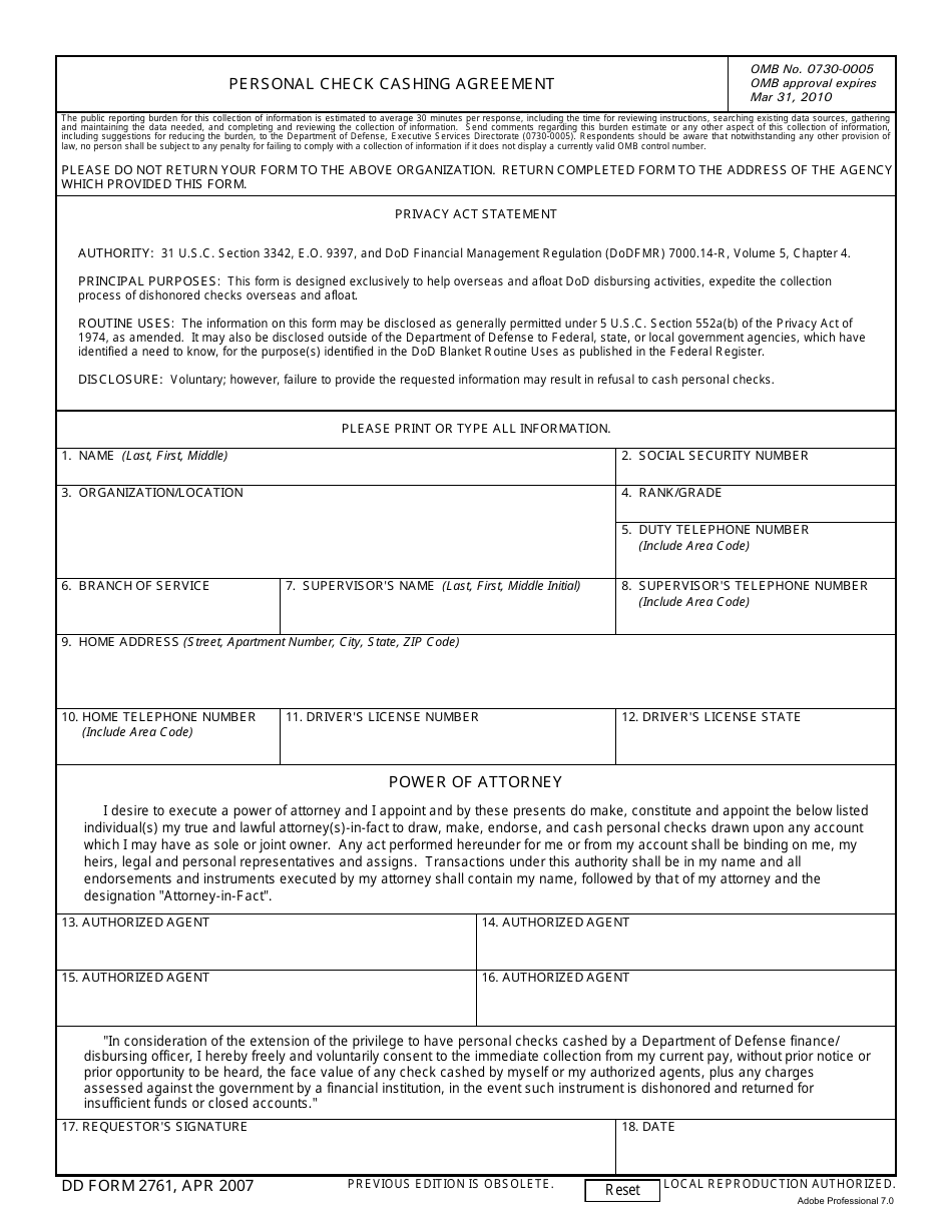 DD Form 2761 Personal Check Cashing Agreement, Page 1