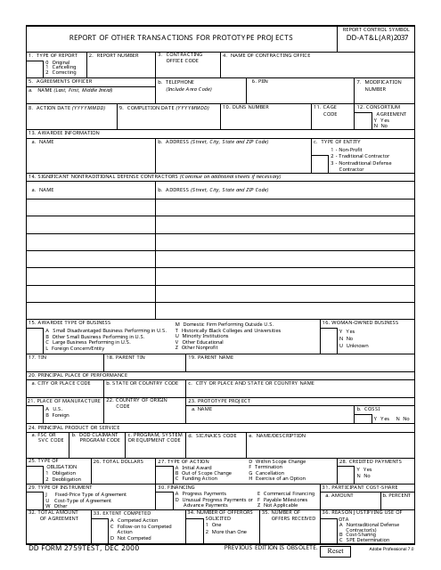 DD Form 2759 Report of Other Transactions for Prototype Projects