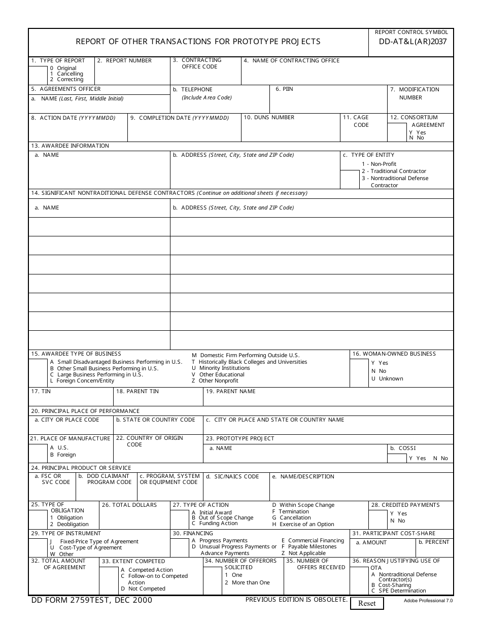 DD Form 2759 Report of Other Transactions for Prototype Projects, Page 1