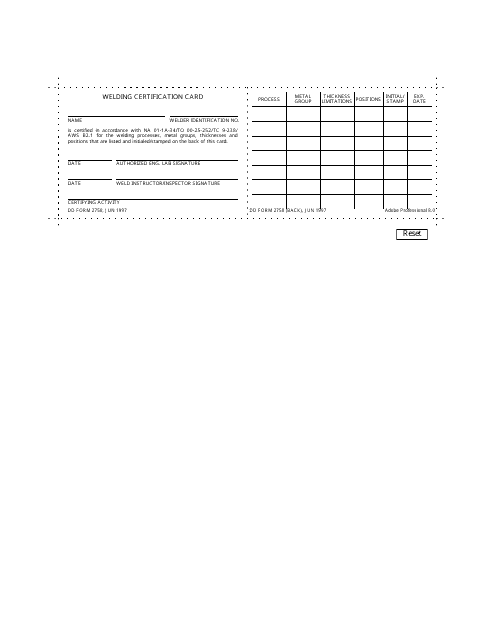 DD Form 2758 Welding Certification Card