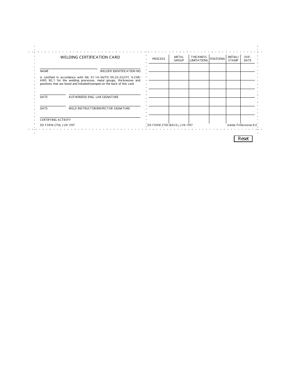 DD Form 2758 Welding Certification Card, Page 1