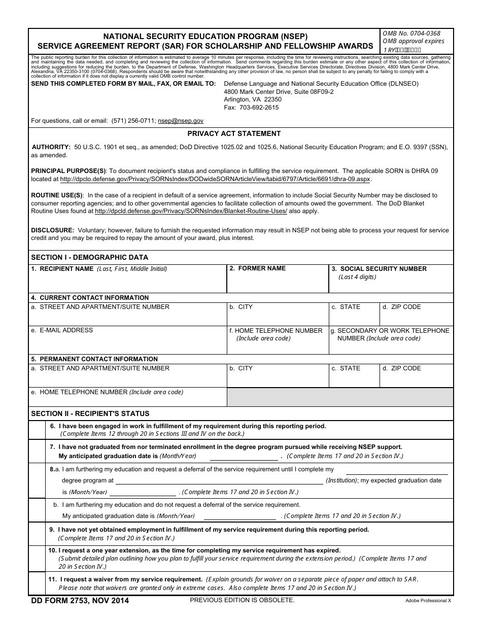 DD Form 2753 National Security Education Program (Nsep) Service Agreement Report for Scholarship and Fellowship Awards, Page 1