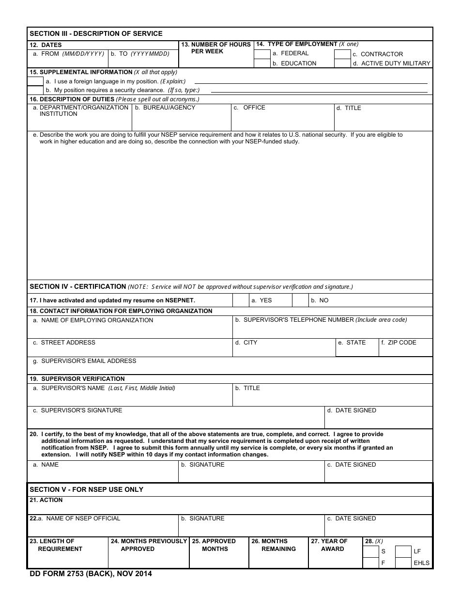 DD Form 2753 National Security Education Program (Nsep) Service Agreement Report for Scholarship and Fellowship Awards, Page 2