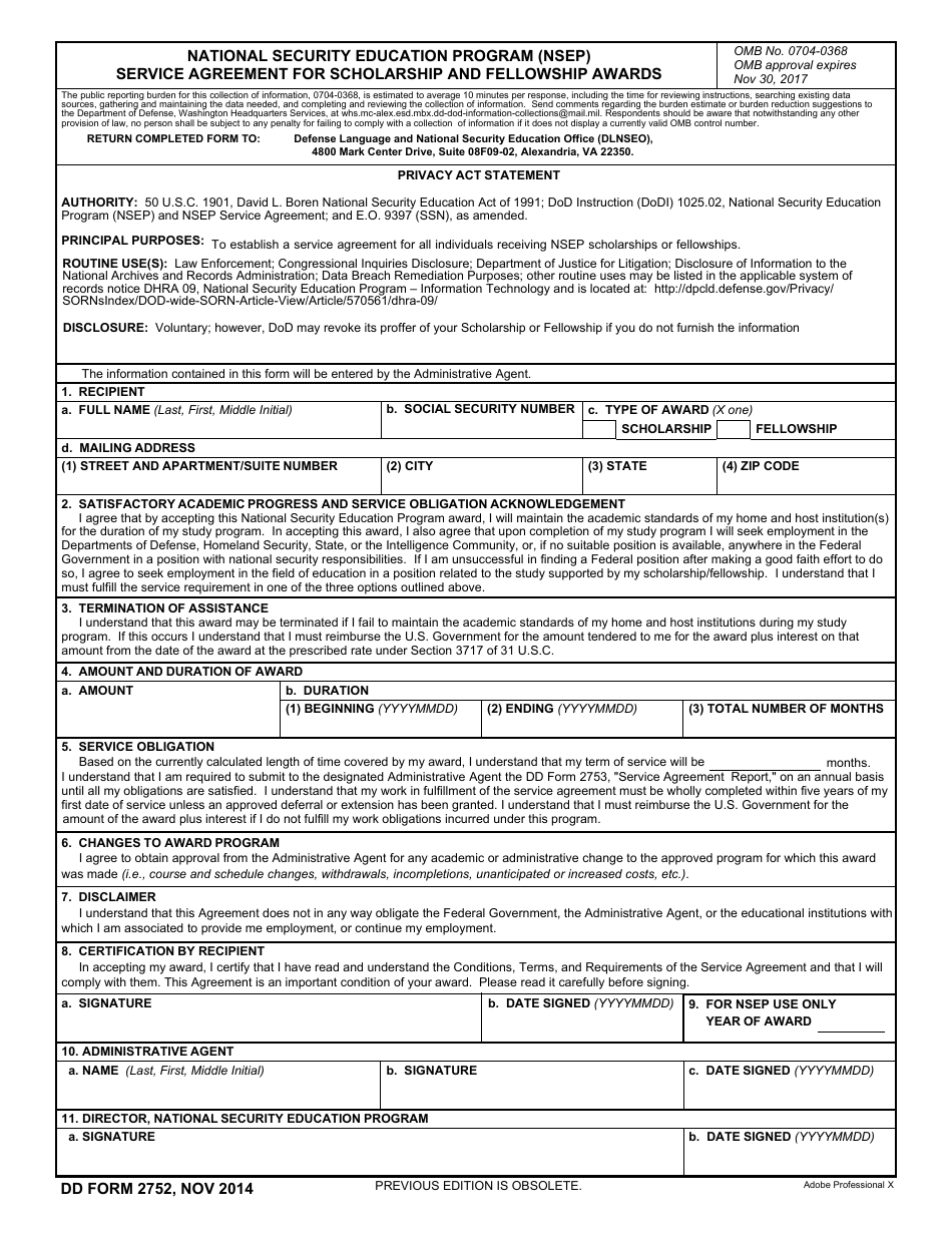 DD Form 2752 National Security Education Program (Nsep) Service Agreement for Scholarship and Fellowship Awards, Page 1