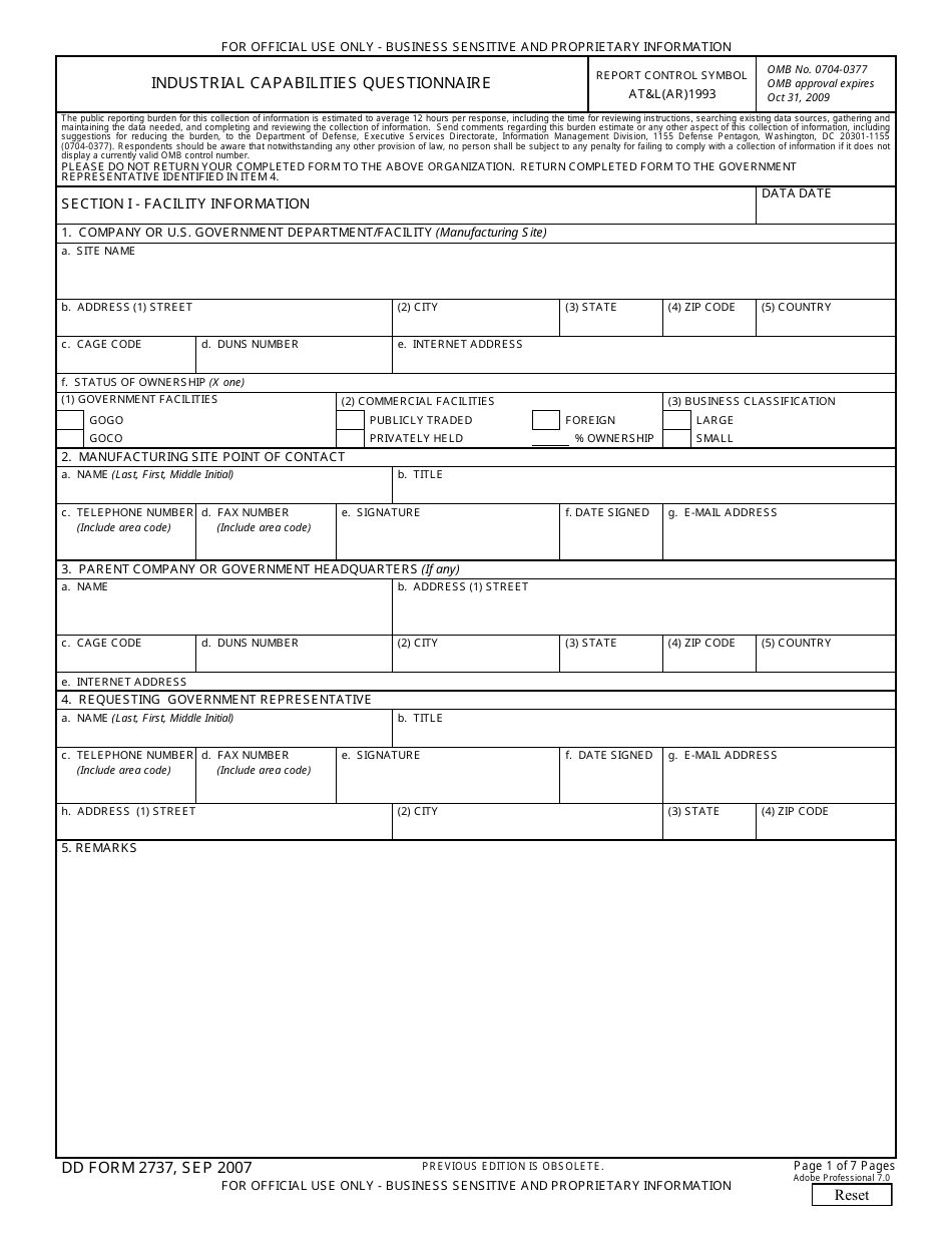 DD Form 2737 Industrial Capabilities Questionnaire, Page 1