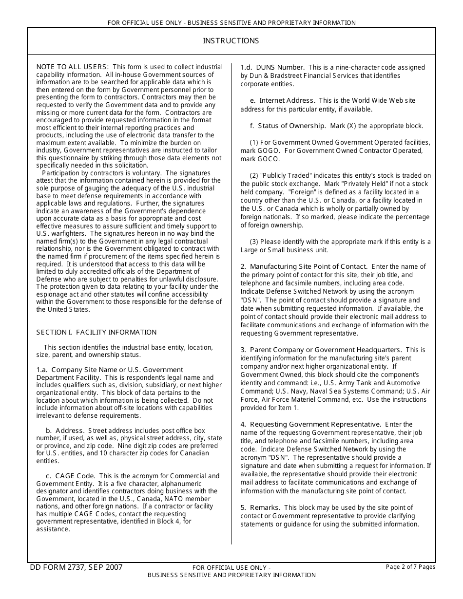 DD Form 2737 Industrial Capabilities Questionnaire, Page 2