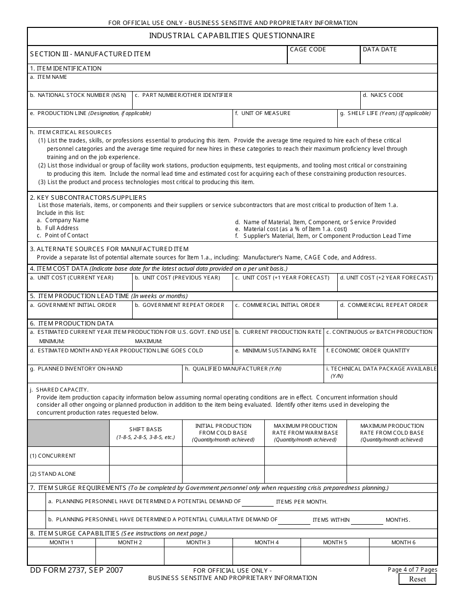 DD Form 2737 Industrial Capabilities Questionnaire, Page 4