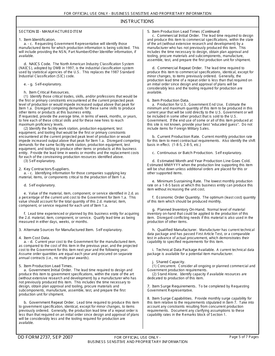 DD Form 2737 Industrial Capabilities Questionnaire, Page 5