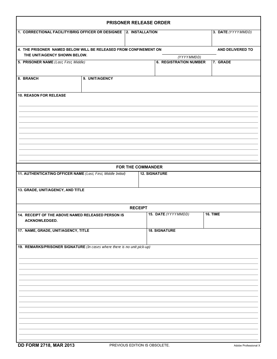 DD Form 2718 Prisoner Release Order, Page 1