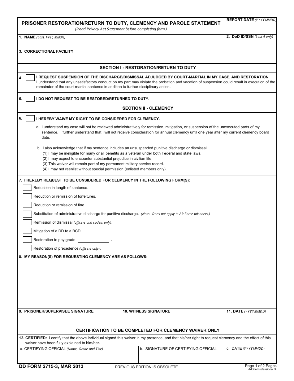 DD Form 2715-3 Prisoner Restoration / Return to Duty, Clemency and Parole Statement, Page 1