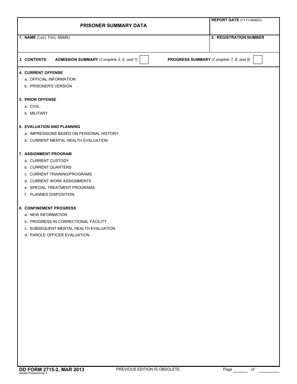 DD Form 2715-2 Prisoner Summary Data, Page 1
