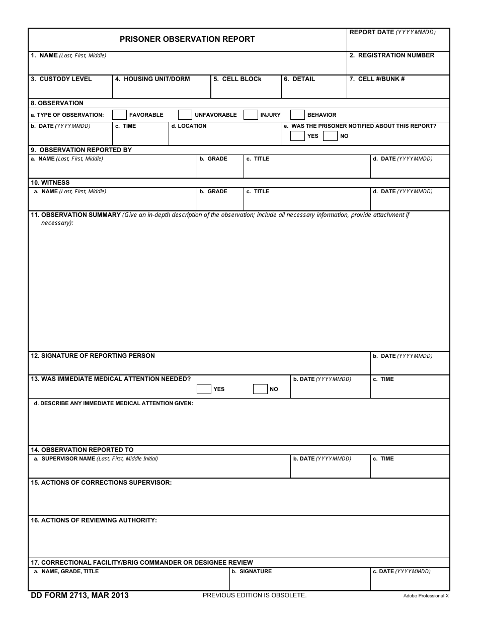 DD Form 2713 Prisoner Observation Report, Page 1