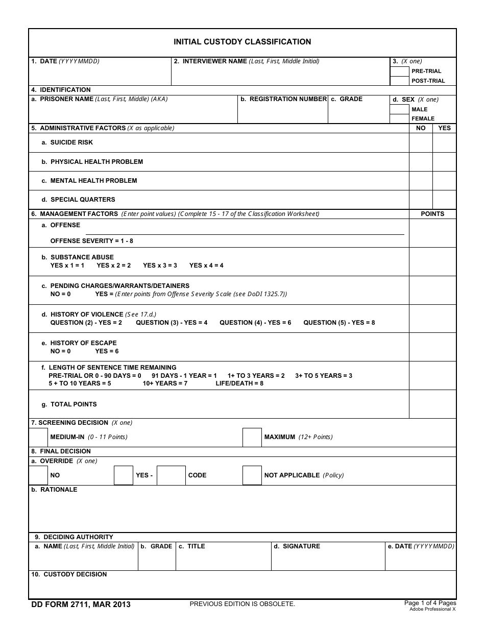 DD Form 2711 Initial Custody Classification, Page 1