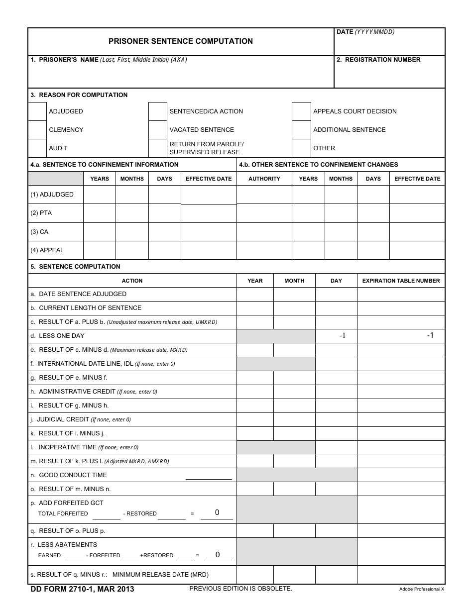 DD Form 2710-1 Prisoner Sentence Computation, Page 1