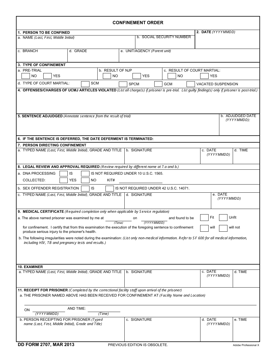 DD Form 2707 Confinement Order, Page 1